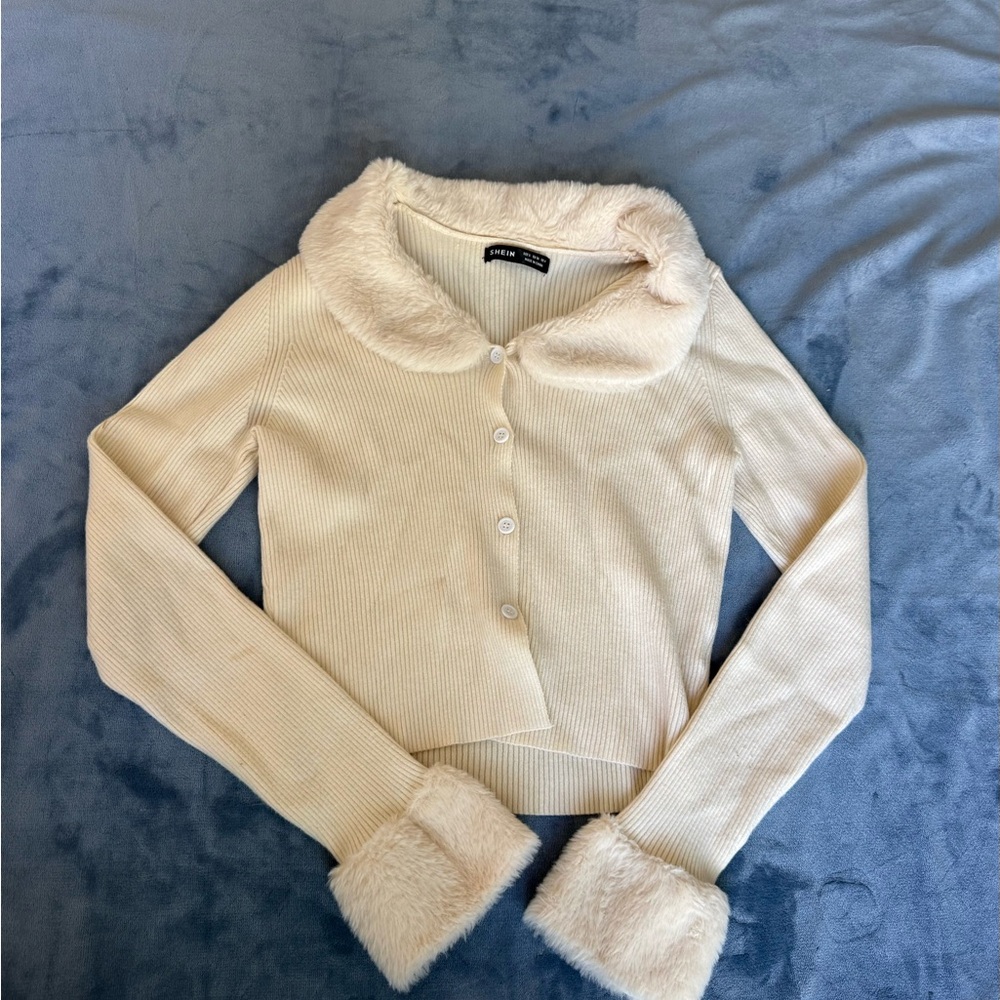 SHEIN Cream Fuzzy Collar Sweater